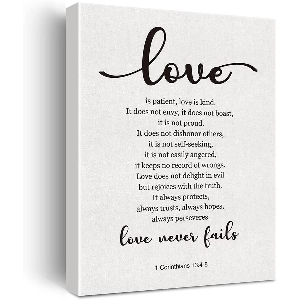 Fast Shipping Bible Verse Art Wall Decor 1 Corinthians 13:4-8 Love Never Fails Scripture ภาพวาดผ้าใบ