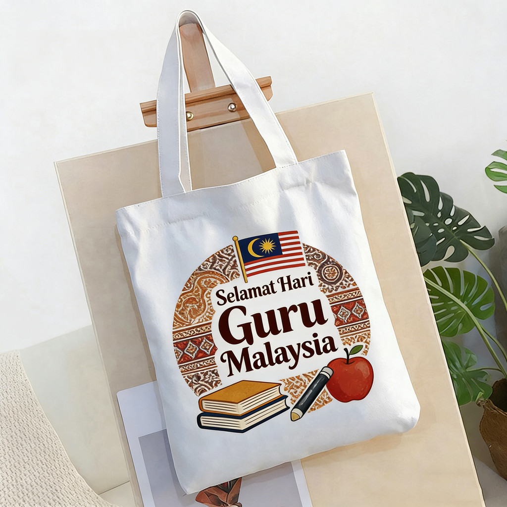 Tote Bag Selamat Hari Guru 2026, Bendera & Batik Design, Hadiah Untuk Cikgu, Canvas Teachers Day Bag