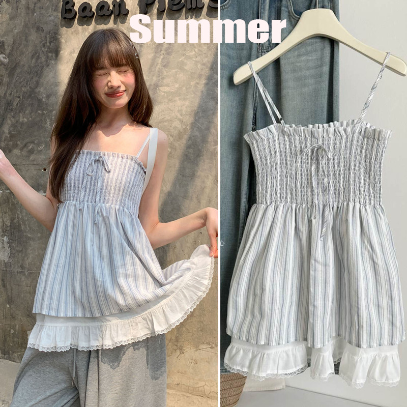 Dahong 💖 W675/2694 เสื้อแขนกุดผู้หญิง ลูกไม้ สีพื้น สไตล์โบโฮ เสื้อยืดโบว์ลูกไม้สไตล์ฝรั่งเศสผู้หญิง ลายทาง แฟชั่น