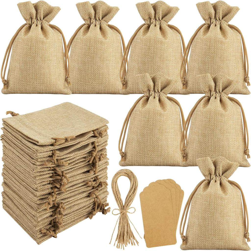 Hopttreely 25PCS Burlap ถุงของขวัญ Drawstring, 5x7 ขนาดใหญ่ Drawstring ถุงของขวัญ Bonus ของขวัญแท็กแ