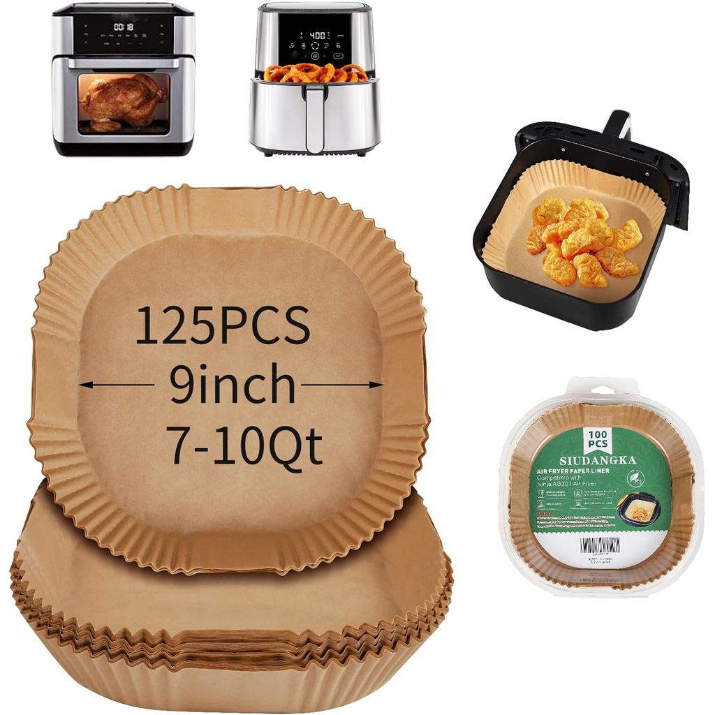 125 ชิ้นขนาดใหญ่ Air Fryer Liners ทิ้งใช้งานร่วมกับ Chefman XL 8-Qt Family Air Fryer, 9 นิ้วสแควร์