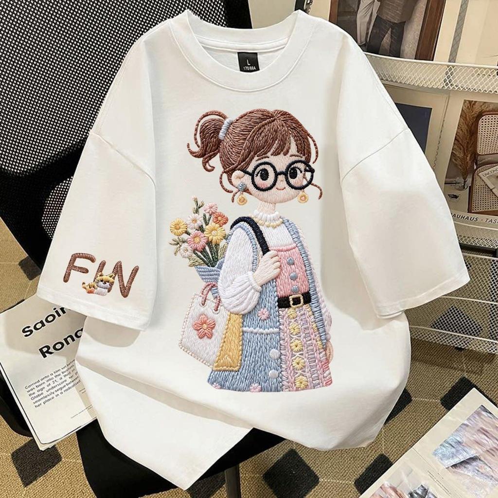 🌷Top.basic🌷เกาหลีสไตล์ เสื้อยืดผู้หญิง ผู้หญิง พิมพ์ลาย "FIN girl" OVERSIZE ผ้าCOTTON ไม่ต้องรีด เสื้อคอกลม
