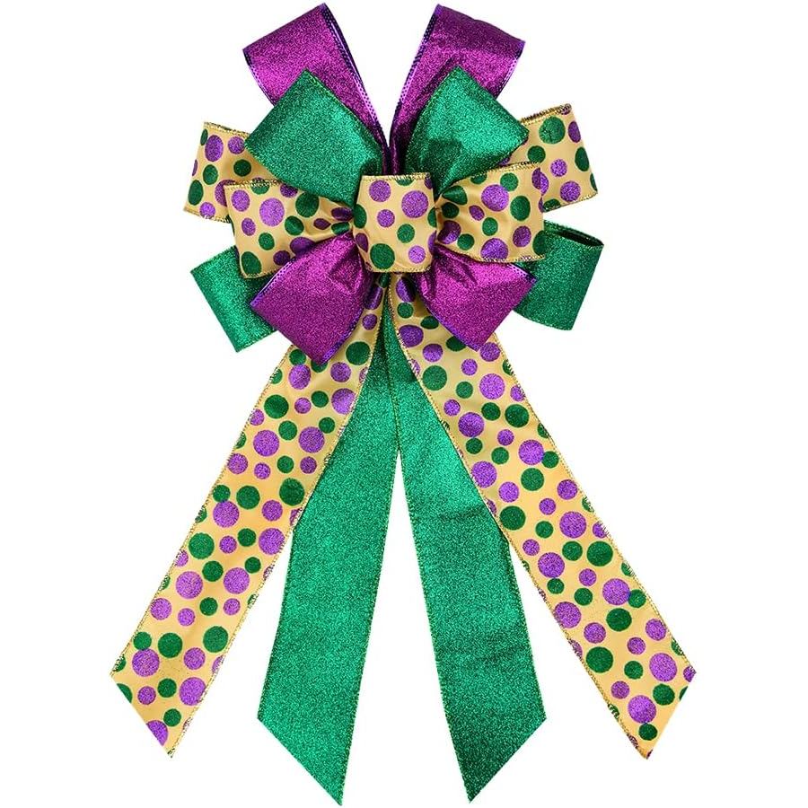 Hying ขนาดใหญ่ Mardi Gras Bow สําหรับพวงหรีด, สีม่วงสีเขียว Glitter Dots, เลื่อมโบว์สําหรับตกแต่ง Ma