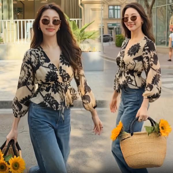 mimi&didi#เสื้อเชิ้ตพิมพ์ลายวินเทจ คอวี ผูกเน็คไท แขนสามส่วน สำหรับผู้หญิง ดีไซน์สายผูกกระชับเอว ฤดูร้อนใหม่#W698