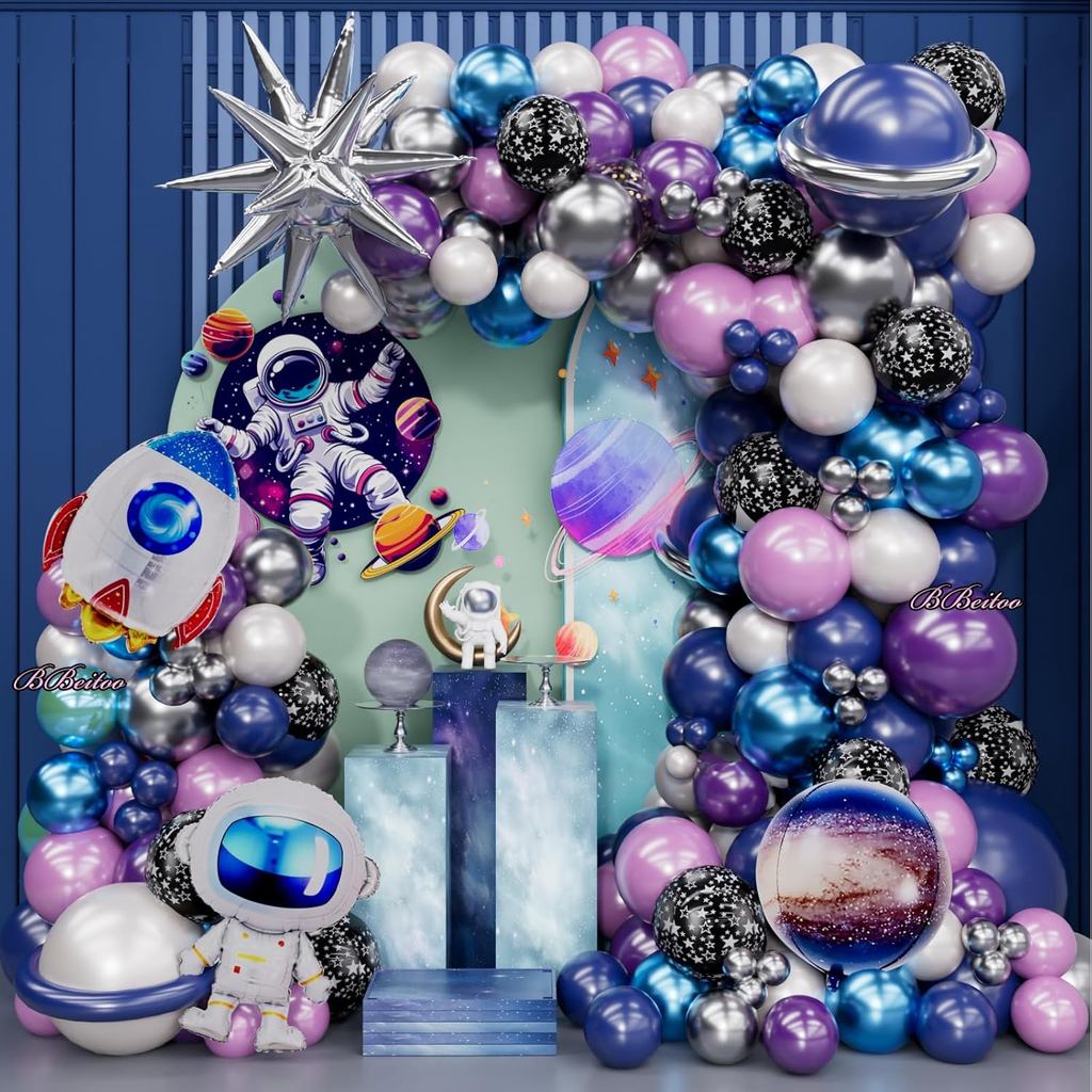 168PCS Space Themed Party ตกแต่งด้านนอก Galaxy บอลลูน Arch ชุดสีฟ้าสีม่วงเงิน Planets ดาวสําหรับ Gal