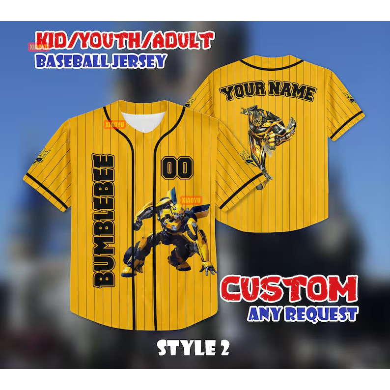 เสื้อเบสบอล Bumblebee แบบกําหนดเอง, เสื้อ Transformer Bumblebee, เด็ก Bumblebee ที่กําหนดเอง, เยาวชน