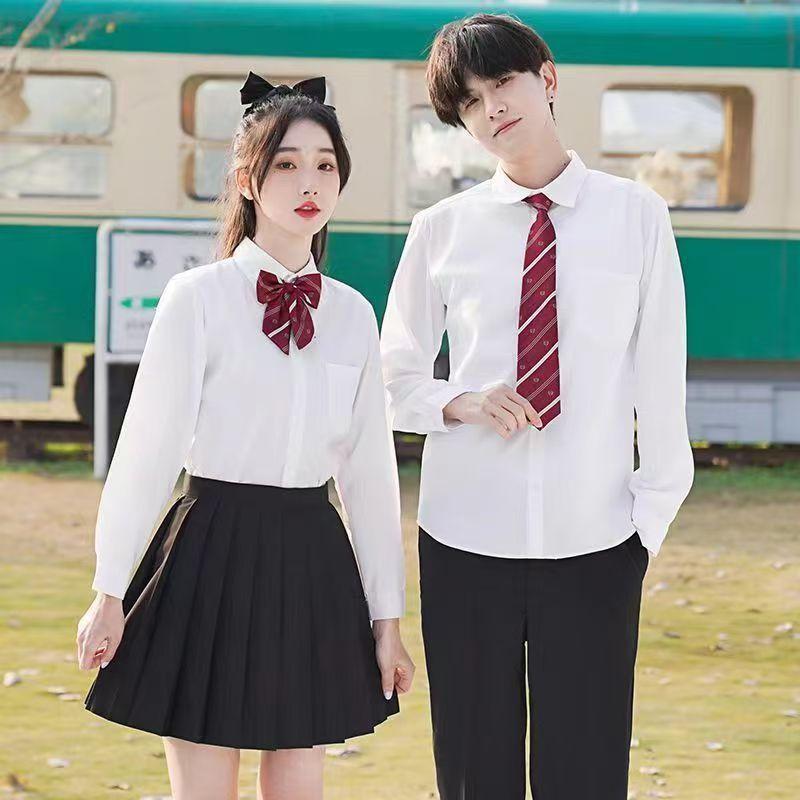 เสื้อเชิ้ตสีขาวนักเรียน ไม่จํากัดเพศ มีกระเป๋าเสื้อแขนยาวหลวมเสื้อแขนสั้น