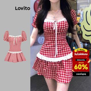 Lovito เดรสลำลองลายตารางหมากรุก คอระบาย แขนพอง ผูกโบว์ สำหรั…