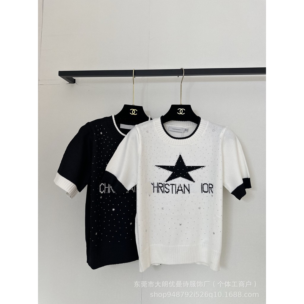 O8KM D**r 2026New autumn and winter heavy-duty rhinestone-studded pentagram jacquard letter pullover