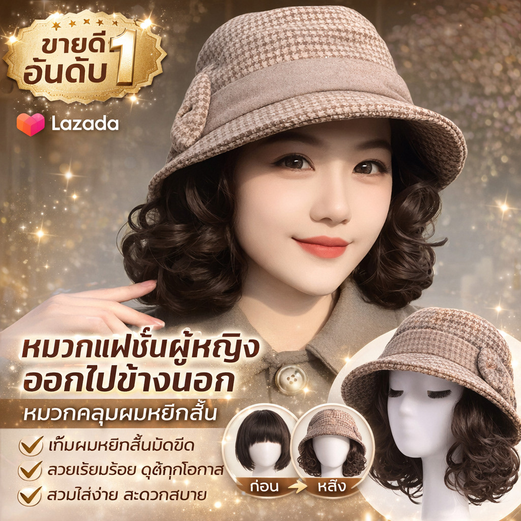 วิกผมหยิกพร้อมหมวกแฟชั่นแมตช์ง่าย หมวกชาวประมงพร้อมวิก ด้วยผมหยิก วิกผมผู้หญิง หมวกทรงถัง ฤดูใบไม้ร่วงฤดูหนาว