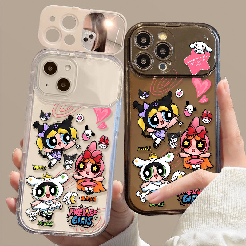 สต๊อกไทย เคสสำหรับไอโฟน15 น้องสาว พาวเวอร์ นิยม เคสใสพร้อมกระจก For IPhone 16 11 12 13Pro MAX 14 15PLUS XR XS 7/8/SE2020