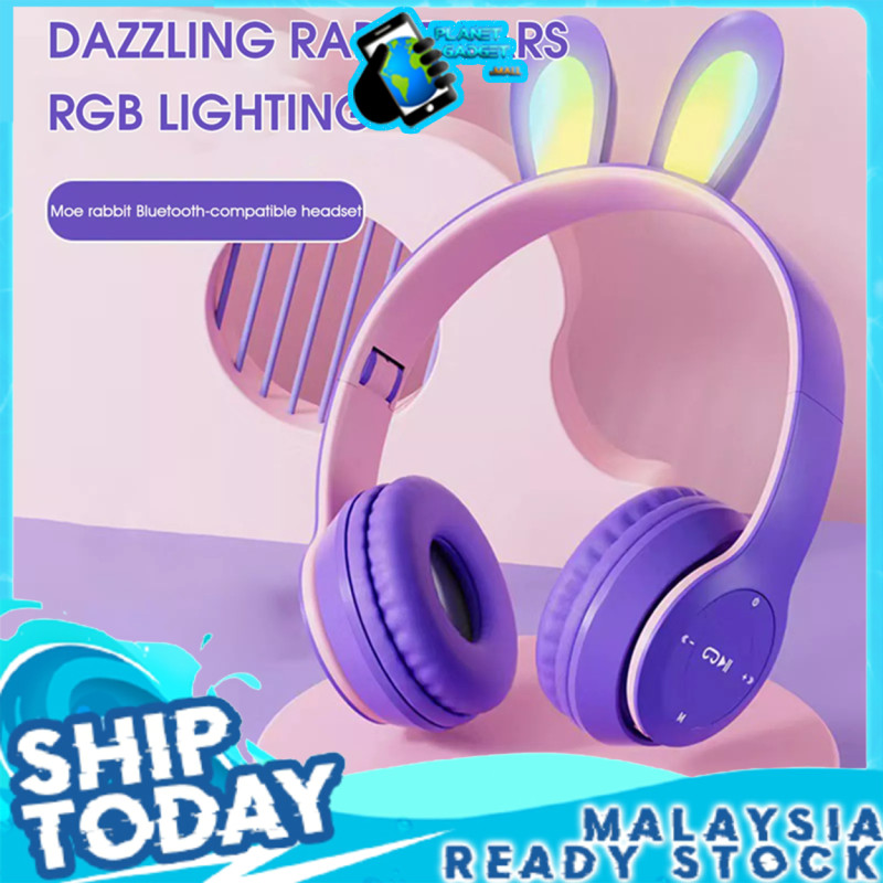 P47 / P47M กระต่ายแมวหูฟังไร้สายบลูทูธ Headpone กระต่ายหูแมวชุดหูฟังหูฟัง Kucing ไฟ Led หูฟังน่ารัก 