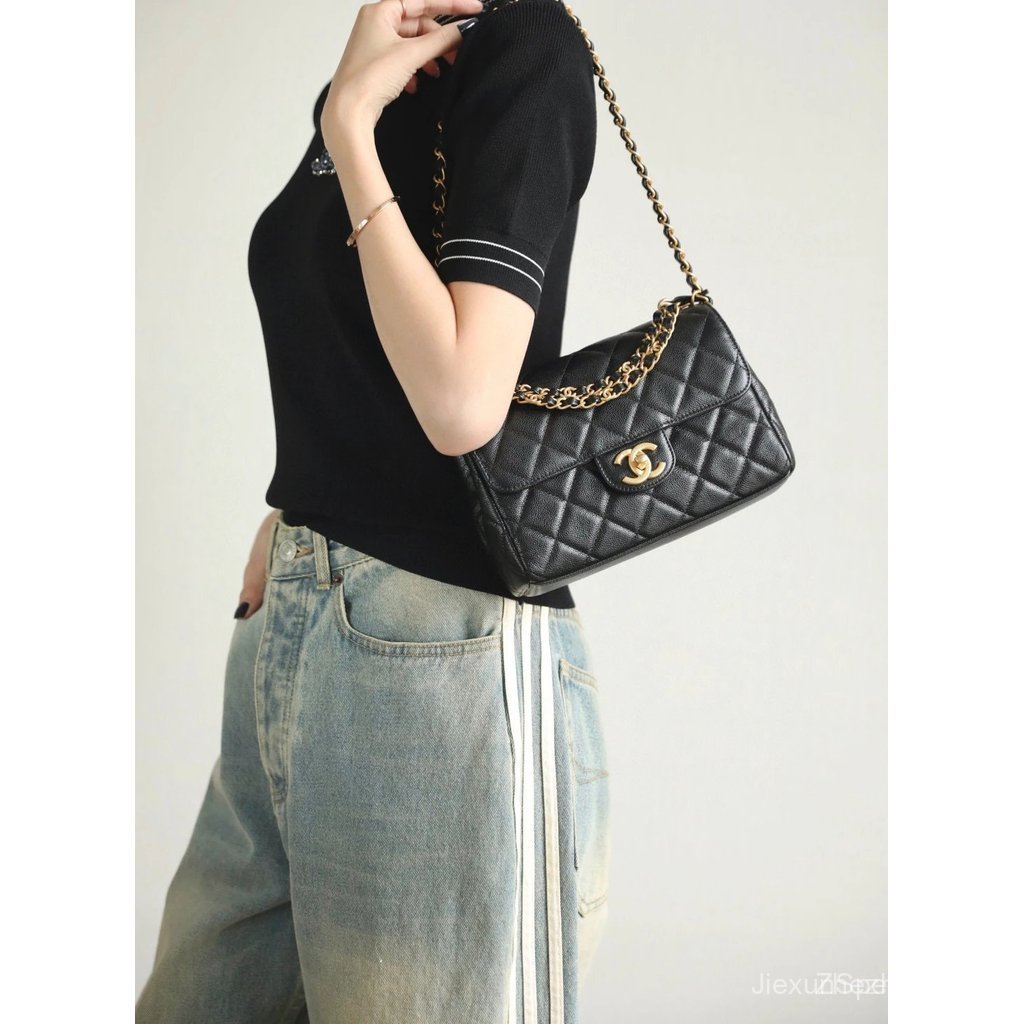 CHANEL Original Chanel Leather Spring/Summer Double Chain Flap Bag, Medium, Leather Saffiano, Womens