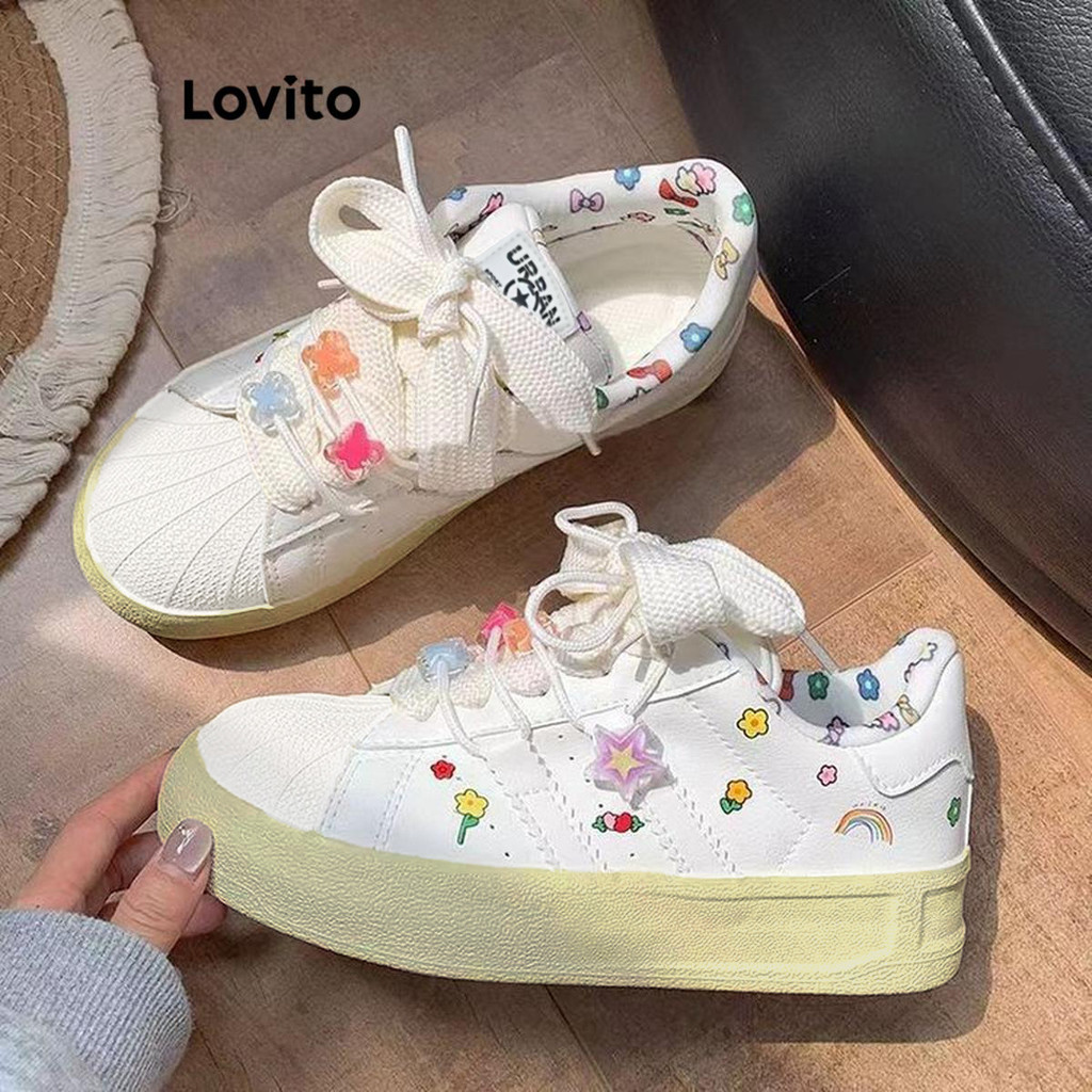 Lovito รองเท้าผ้าใบผู้หญิง สีเรียบ สไตล์ลำลอง LFA42458