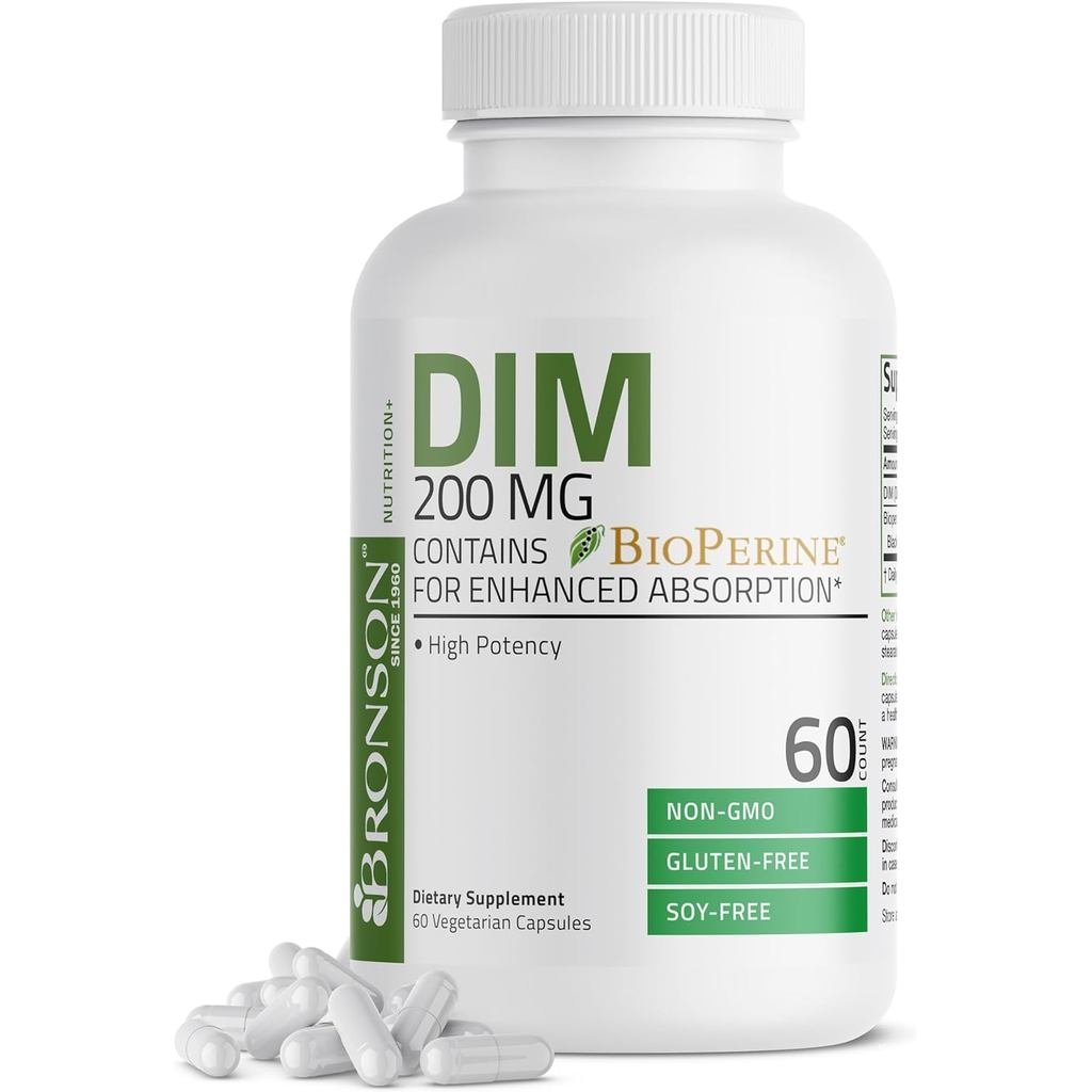 Bronson DIM Supplement 200 mg สำหรับการดูดซึมและการปรับสมดุลฮอร์โมน พร้อม BioPerine 60 แคปซูลมังสวิร