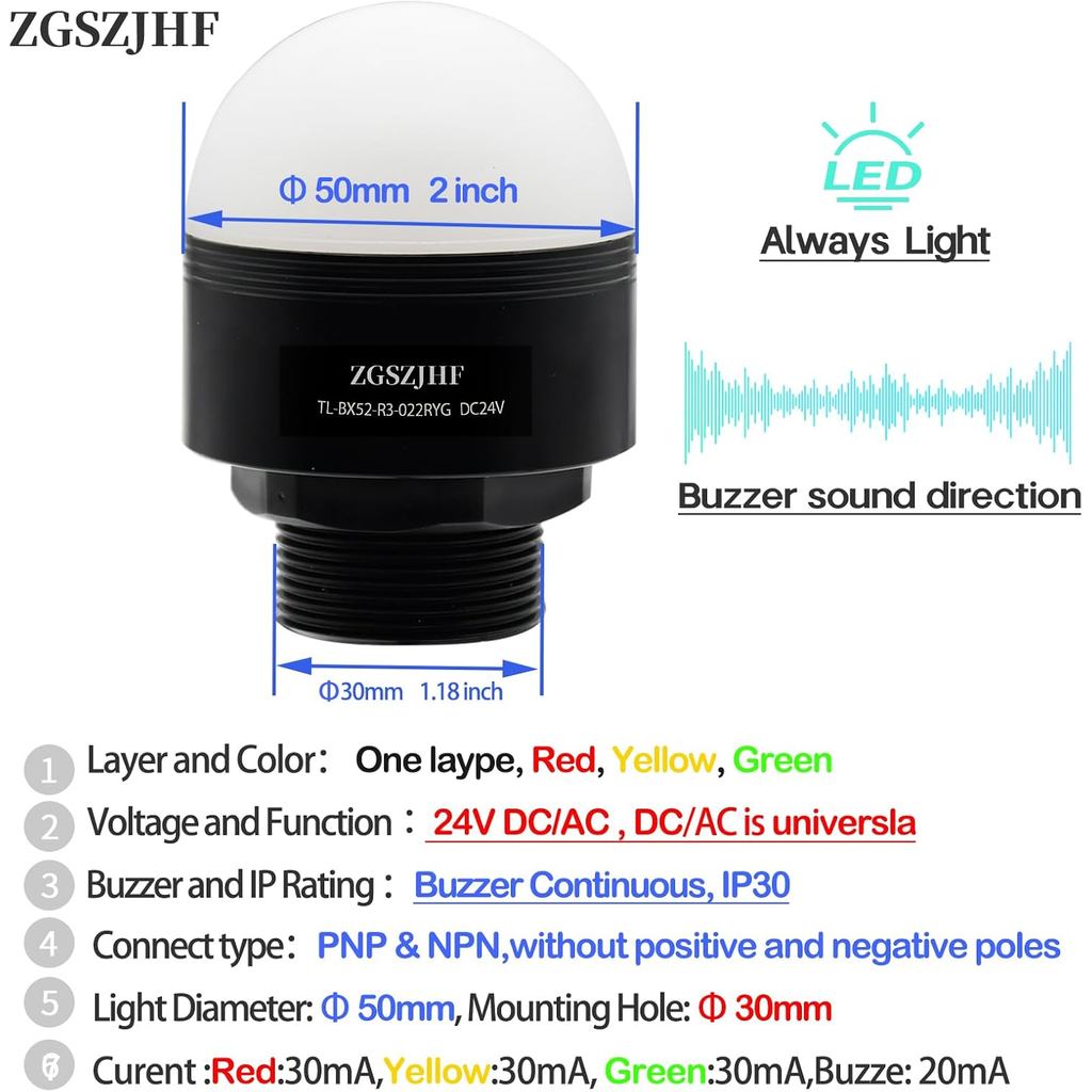 อุตสาหกรรม 24V DC/AC LED ไฟเตือน - 3 สีคอลัมน์สัญญาณทาวเวอร์ไฟแสดงสถานะ Beacon พร้อม Continuou Buzze