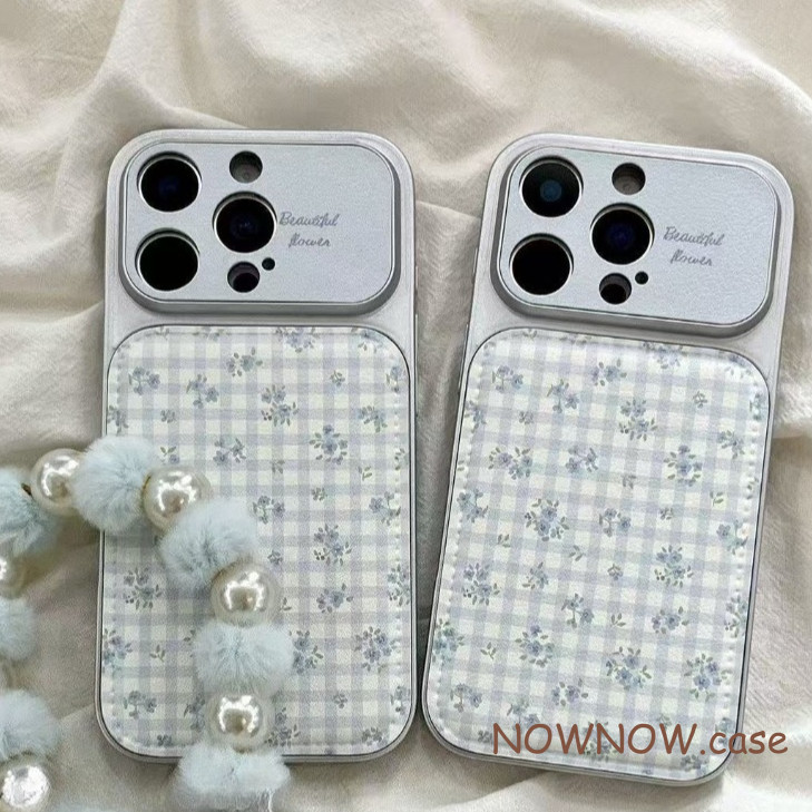 สําหรับ IPhone 17 16 15 14 Plus 13 12 11 Pro Max X XR XS Max ดอกไม้สีฟ้าโบว์เงินหน้าต่างขนาดใหญ่หนังเคสโทรศัพท์นุ่ม