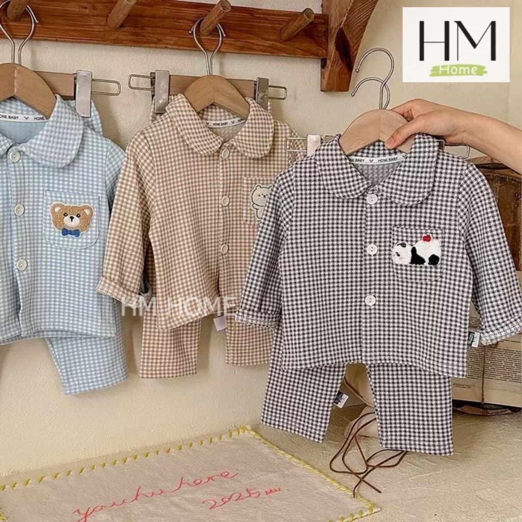 ชุดนอนเด็ก ชุดนอนเซ็ต 2 ชิ้น ลายสก๊อตปักการ์ตูน ใส่ได้ทั้งเด็กผู้ชาลและผู้หญิง