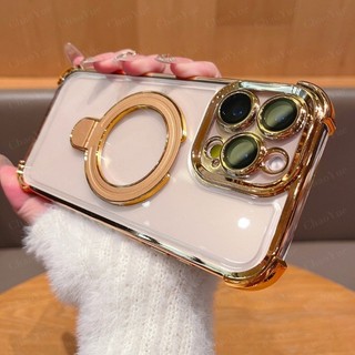 แท่นชาร์จไร้สายแม่เหล็กอะคริลิคเคลียร์หรูหรา พร้อมที่วางกล้องและเคสโทรศัพท์ รองรับ iPhone 17 16 15 14 13 12 11 Pro Max Plus Air ฝาหลังใสกันกระแทกพร้อมบัมเปอร์แข็ง ดีไซน์สวยงาม พร้อมแท่นวางแม่เหล็ก