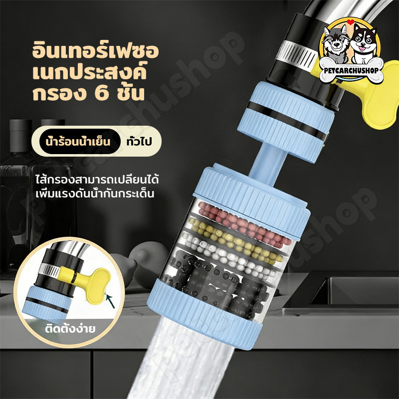 (เวอร์ชันอัปเกรด)หัวต่อก๊อกน้ำ หัวกรองน้ำ หมุนได้ 360°Cชั้นกรอง 6ชั้น กันน้ำกระเด็น หัวกรองก๊อกน้ำ ที่กรองน้ำ