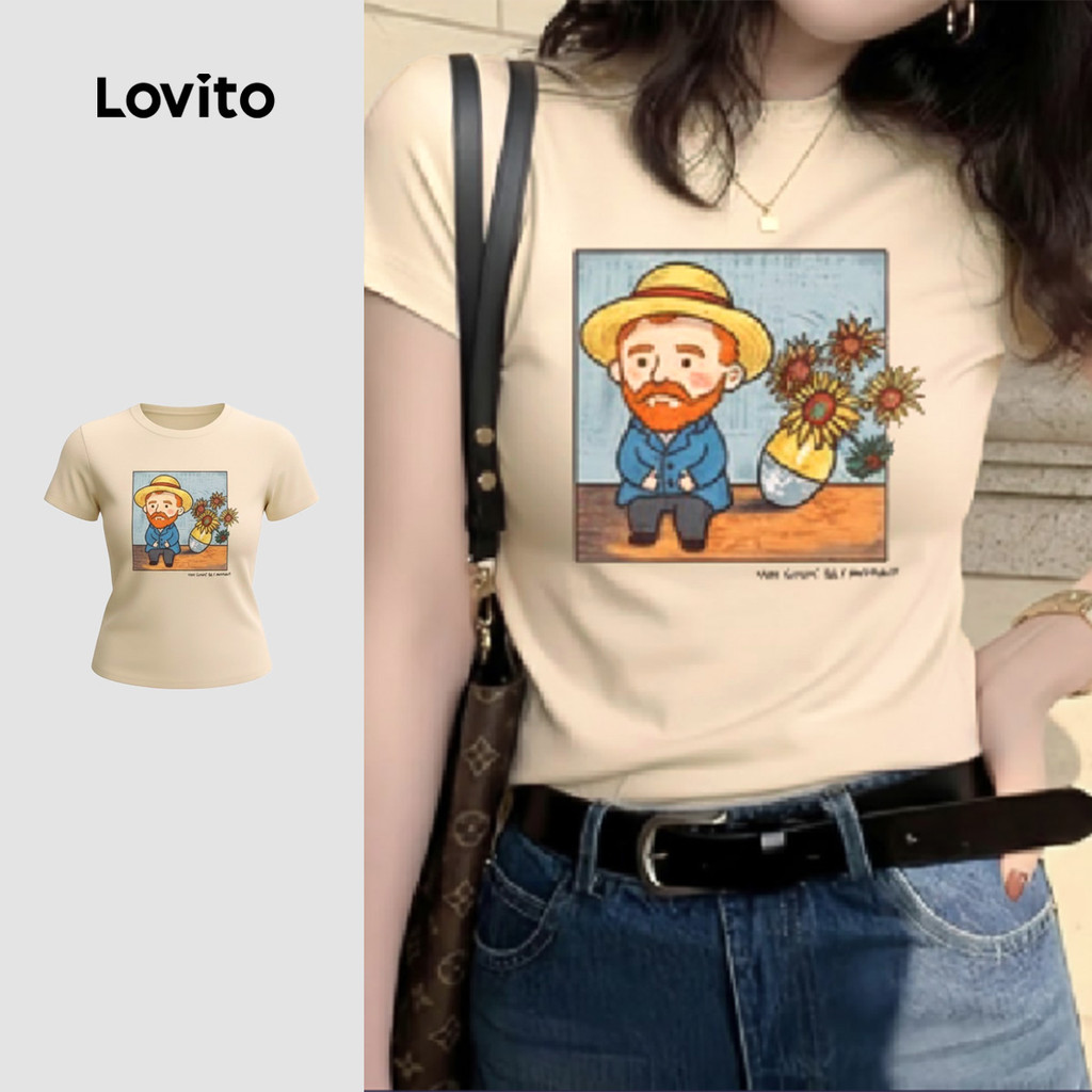 Lovito เสื้อยืดลำลองลายภาพประกอบน่ารักสไตล์แวนโกห์และดอกทานตะวัน สีแอปริคอต สำหรับผู้หญิง เหมาะสำหรั