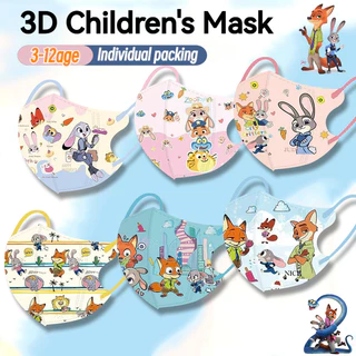 หน้ากาก 3D พิมพ์ลายการ์ตูนสำหรับเด็ก อายุ 3-12 ปี บรรจุแยก 3PLY 50 ชิ้น