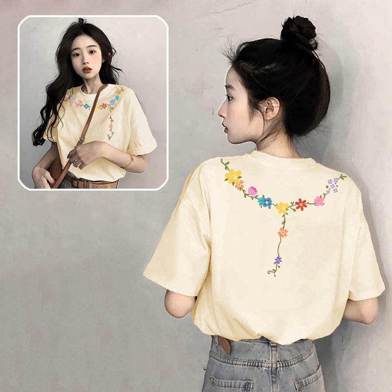 2026 แฟชั่น 2026100% ผ้าฝ้ายแท้แอปริคอทแขนสั้นเสื้อยืดผู้หญิง2025สไตล์ใหม่ร้อนขายฤดูร้อนที่ไม่ซ้ํากั