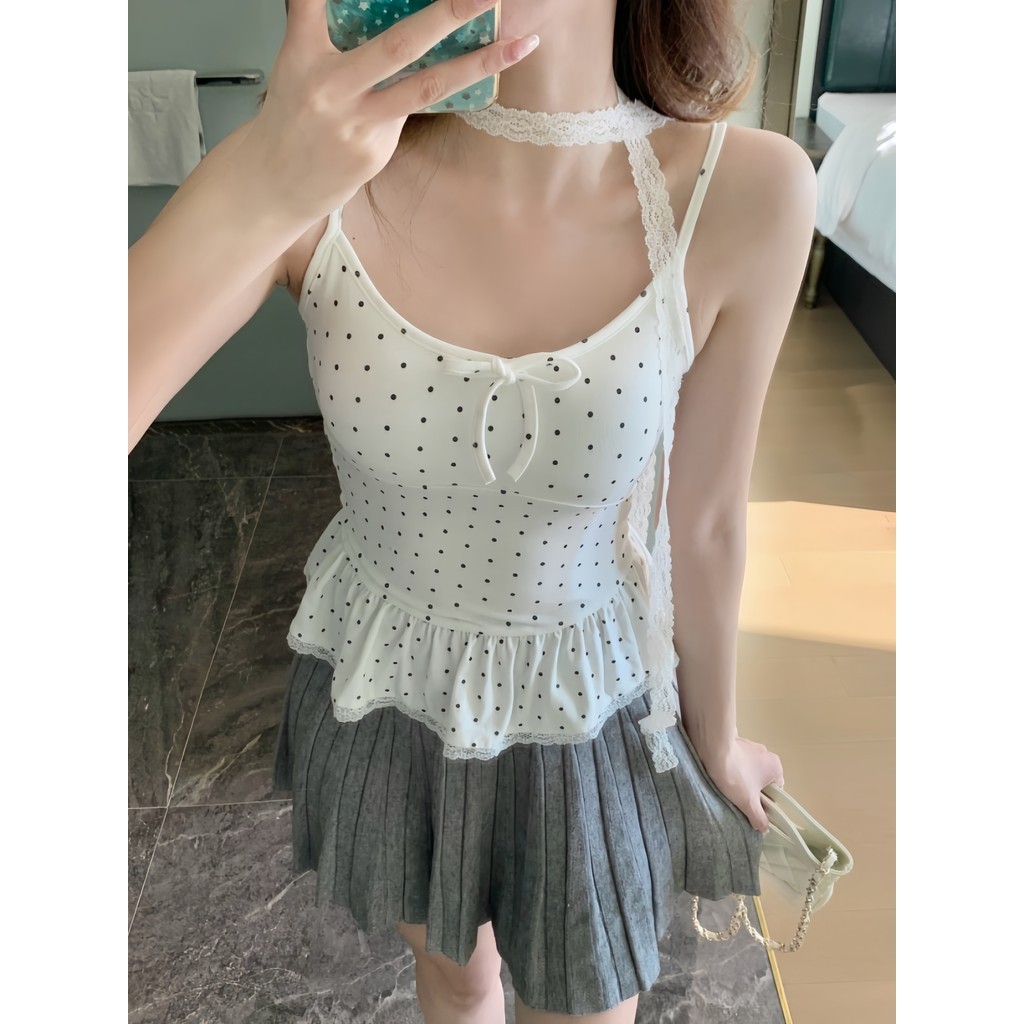 SuSu เสื้อสายเดี่ยวลายจุดสไตล์เกาหลี ดีไซน์กระโปรงไม่มีแขน มีฟองน้ำในตัว หลากสี FY5554-0 - รูปที่ 5