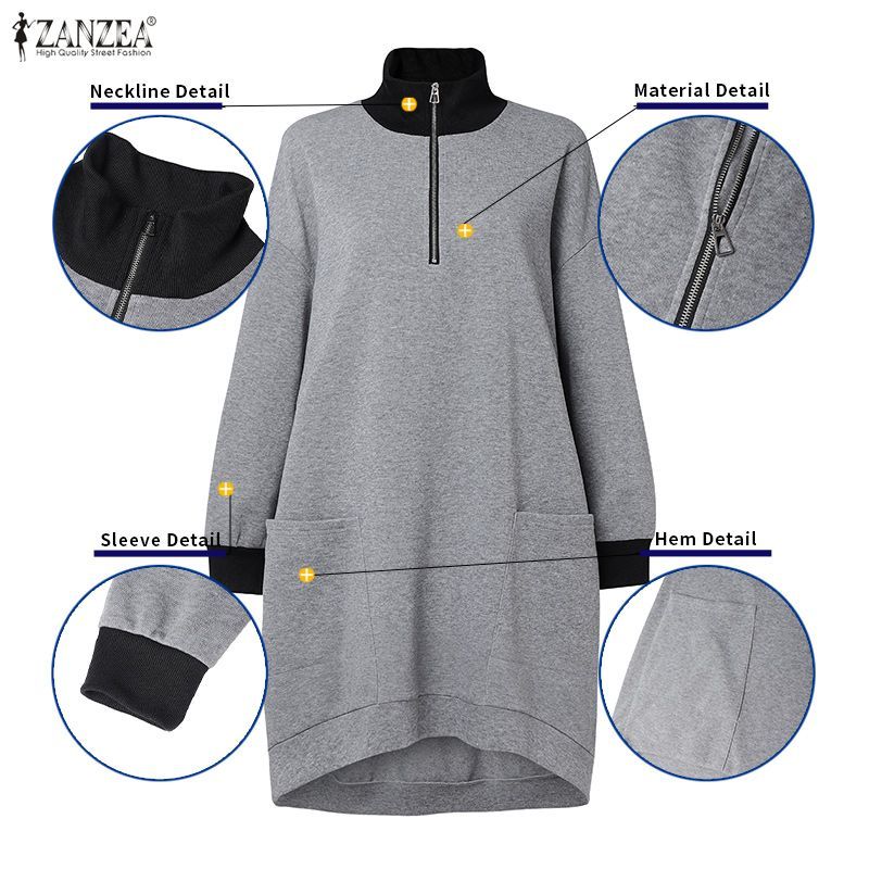 ZANZEA ชุดเดรสสเวตเตอร์คอสูงแขนยาว สไตล์เกาหลี ดีไซน์ patchwork และซิป — صورة 7