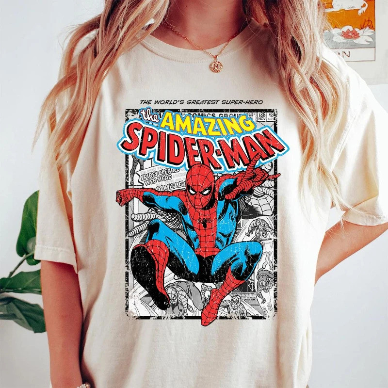 2026时尚 2026Spider-man เสื้อยืด Marvel Avengers เสื้อยืด Spider-Man Retro เสื้อยืด Spider-Man การ์ตูน