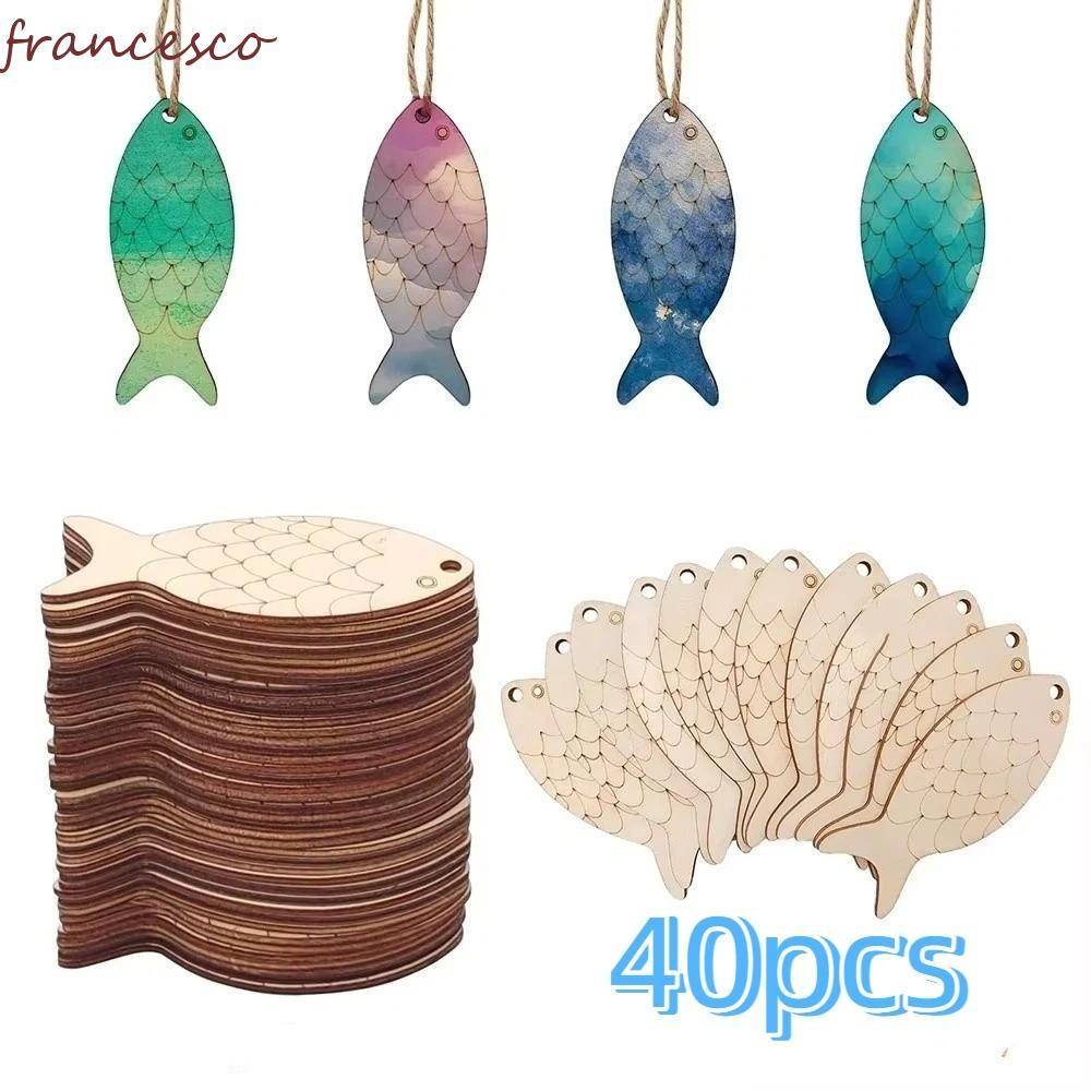 FRANCESCO 40PCS ไม้ Fish Cutouts, เปล่ายังไม่เสร็จทาสีเครื่องประดับปลา, เด็กวาดของเล่นสัตว์ทะเล DIY หัตถกรรม Handmade ปลารูปร่างไม้ Slice เด็กหัตถกรรม