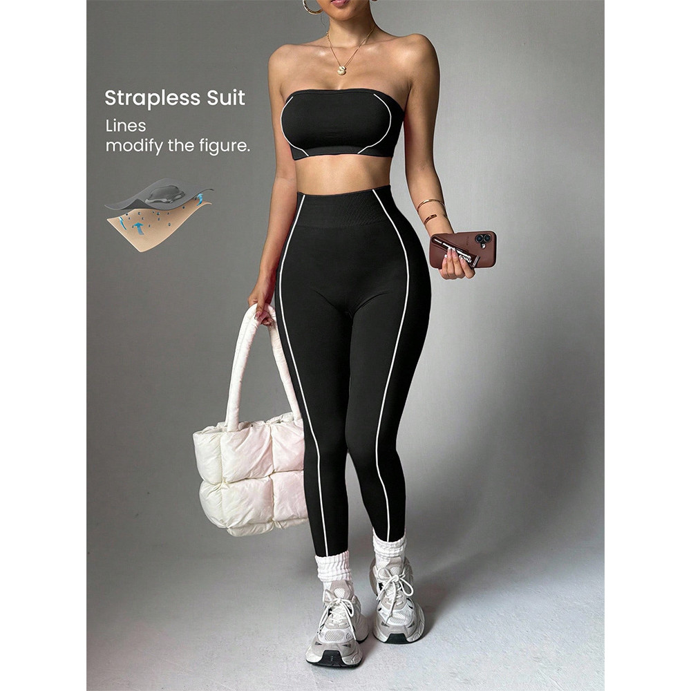 Contrast สีเสื้อผ้าโยคะ 2 ชิ้นชุดผู้หญิง/Strapless กันกระแทกกีฬาห่อหน้าอกด้านบน/พีชก้นยืดหยุ่นก้น Slim-Fit กางเกง