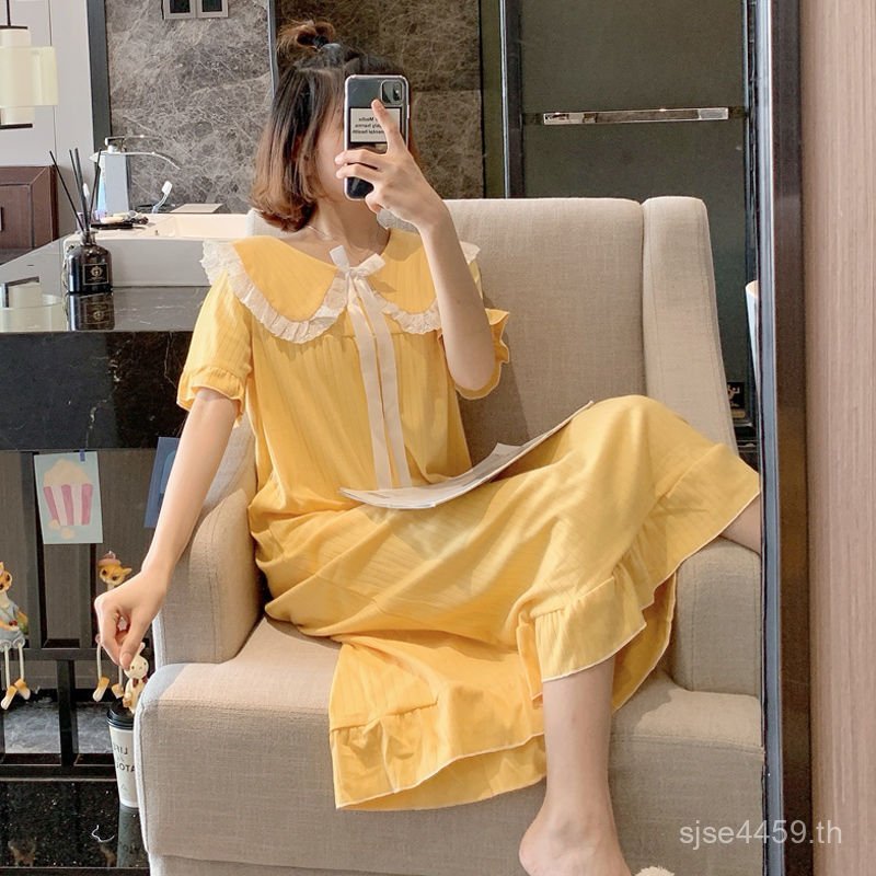 แขนสั้น Loungewear ฤดูร้อนหญิงนอนลูกไม้ Nightdress Cloud สไตล์เจ้าหญิงน่ารักตุ๊กตาคอ Influencer สไตล