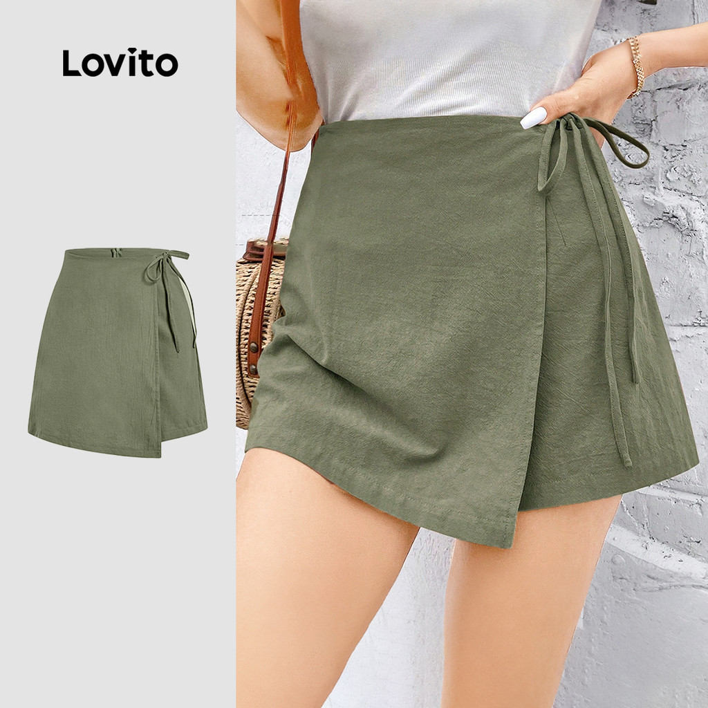 Lovito กางเกงขาสั้นแคชชวลสำหรับผู้หญิง สีเขียว ใส่ไปทำงาน มีซิปและเชือกผูก เหมาะสำหรับฤดูใบไม้ผลิ/ฤดูร้อน L164ED339