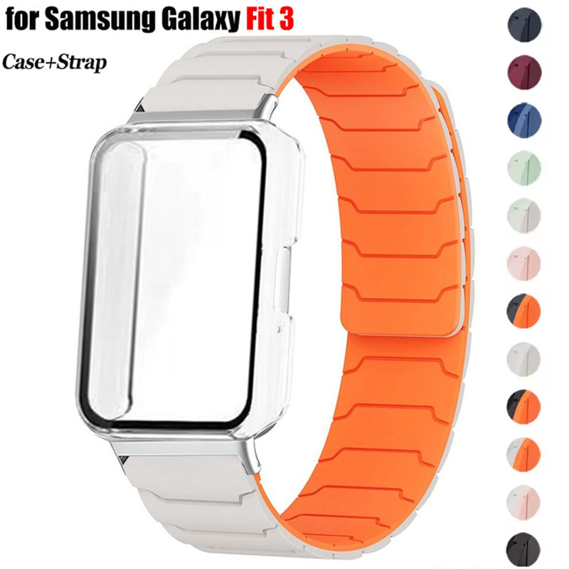กรณี + สายซิลิโคนสําหรับ Samsung Galaxy Watch Fit 3 Magnetic Band ฝาครอบ PC กันชนสําหรับ Galaxy Watch Fit 3 สร้อยข้อมือเชลล์