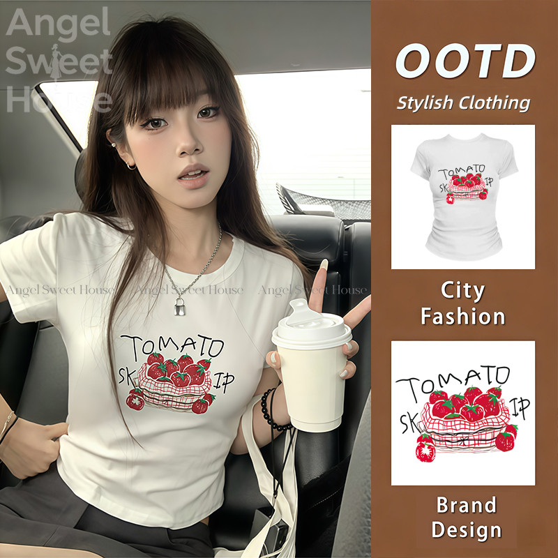 (จัดส่งตลอด 24 ชั่วโมง）Angle Official เสื้อครอป แขนสั้น baby tee เค้ก พิมพ์ลายตัวอักษร สําหรับผู้หญิง