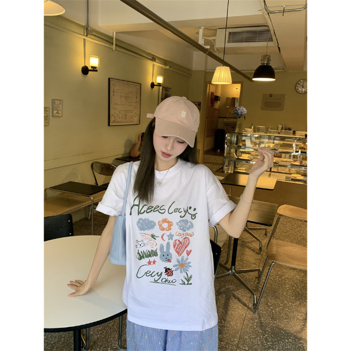 COD [240g Tight-220g ผ้าฝ้ายแท้] เสื้อยืดแขนสั้นพิมพ์ลายผ้าฝ้ายหลวม Slimmer ดู All-Match Top ins อิน