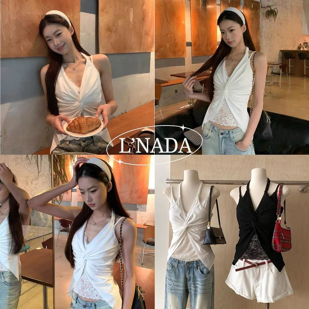 L'nada【พร้อมส่ง】เสื้อคล้องคอสายเดี่ยว ลูกไม้ซีทรูช่วงเอว ดีเทลบิดช่วงอก เข้ารูป มี2สี(5518)