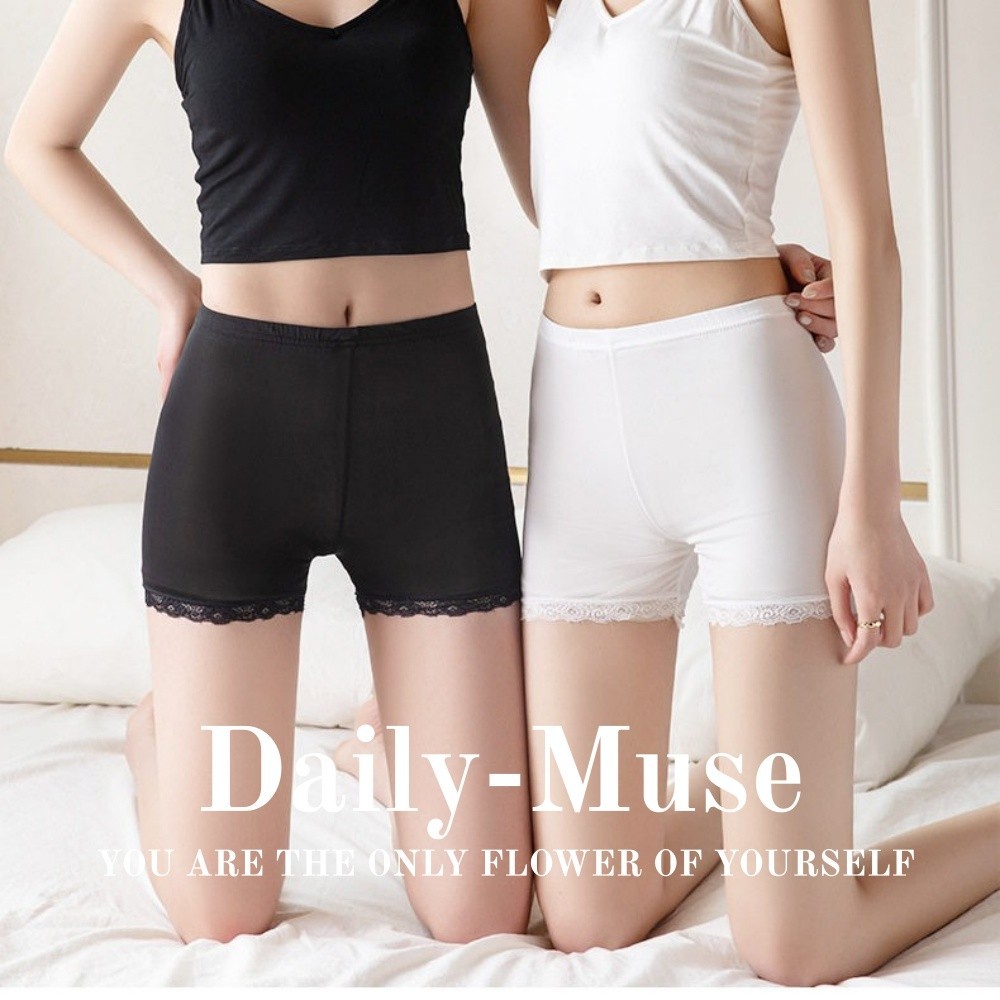 Daily-Muse กางเกงขาสั้นนิรภัยป้องกันการเผยผิว ตกแต่งด้วยลูกไม้ เลกกิ้งยาวสามส่วนสำหรับไซส์ใหญ่ ทำจากผ้าฝ้ายผสมโมดัล