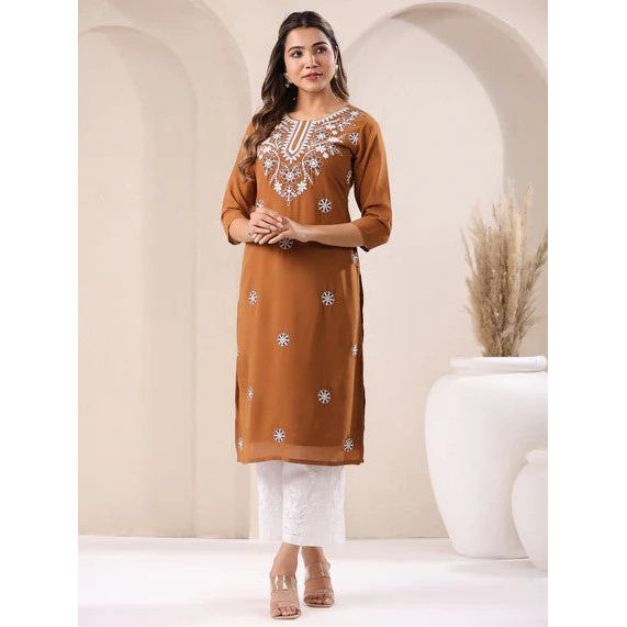 สีน้ําตาล Georgette Sobar ด้ายปัก Punjabi ตรงเฉพาะด้านบนพร้อมซับ [ชุดอินเดีย]