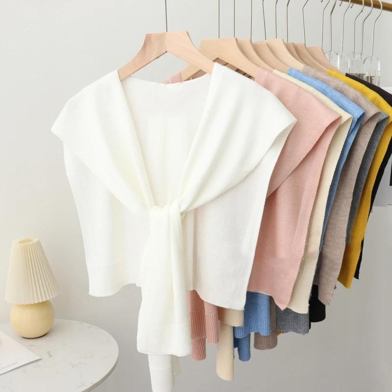 Newsmallbrains เกาหลีถักผ้าคลุมไหล่ฤดูร้อนเครื่องปรับอากาศปกปลอมคอยามสําหรับผู้หญิงตัวอักษร NSB