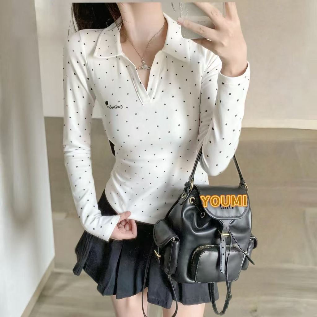 ส่งไวจากไทย เสื้อโปโลแขนยาวผู้หญิง ลายจุด ปักตัวอักษรด้านหน้า ลุคหวานน่ารัก ใส่ได้ทุกวัน YOUMI