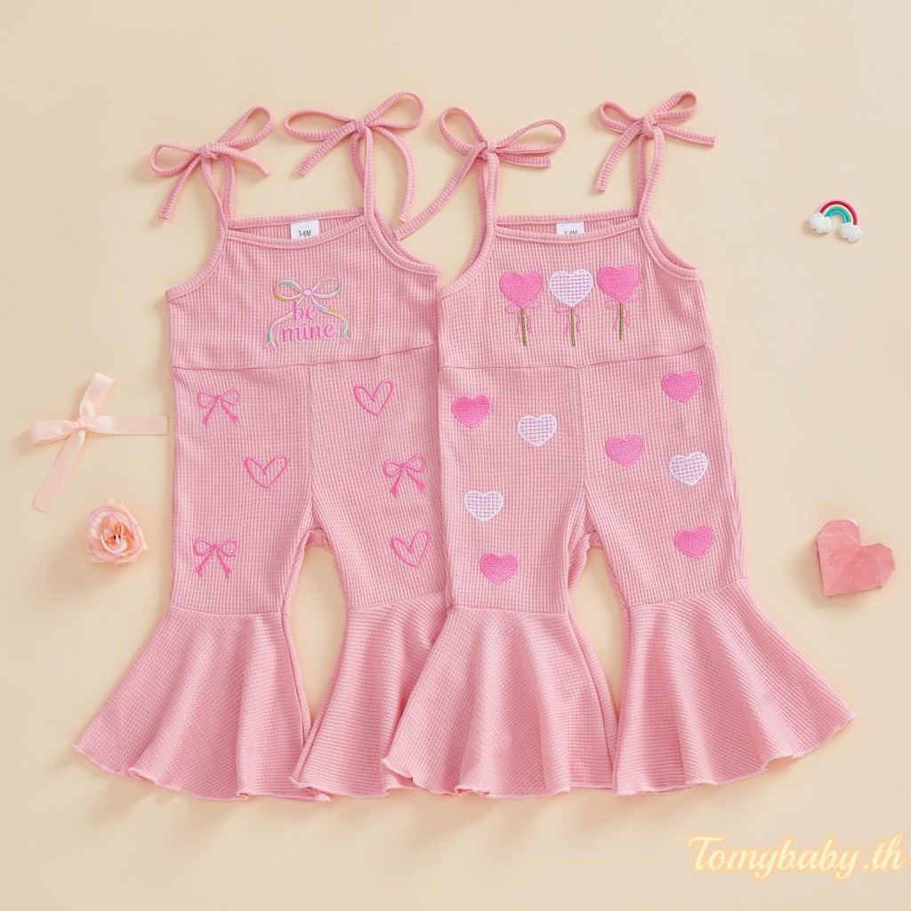 จั๊มสูทแขนกุดสำหรับเด็กหญิง ลายปักหัวใจ ชุดลำลองสำหรับสวมใส่งานเล่น