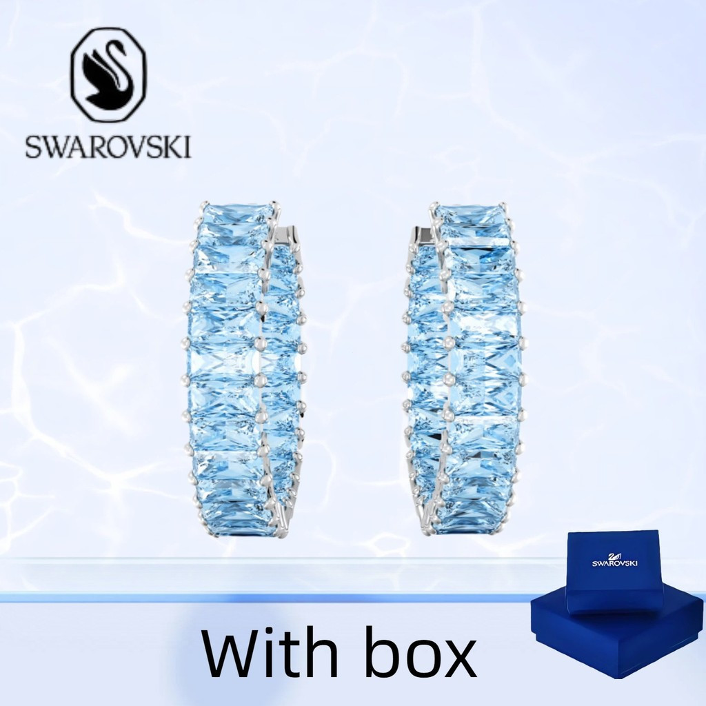 SWAROVSKI สวารอฟสกี้ เพชรสังเคราะห์ต่างหูเมทริกซ์ สีฟ้าตัดแต่ง พร้อมกล่อง ทำจากเงินสเตอร์ลิง สไตล์แฟชั่นสำหรับผู้หญิง