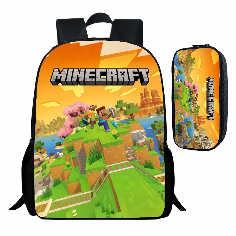 2 ชิ้น/ชุด Minecraft กระเป๋าเป้สะพายหลังเด็ก + กระเป๋าดินสอ 3D การ์ตูน กระเป๋านักเรียนประถม สะดวกสบา