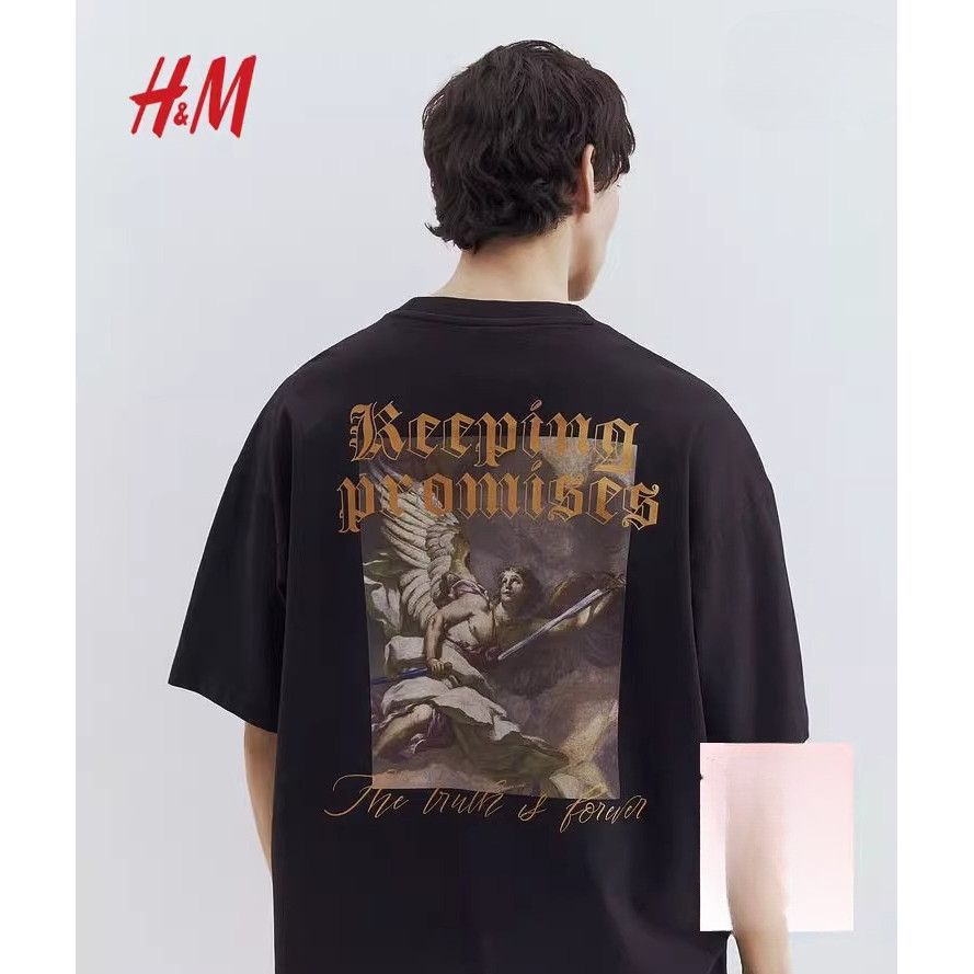H&M เสื้อยืดแขนสั้นสำหรับผู้ชายและผู้หญิง ลายพิมพ์สไตล์อเมริกัน