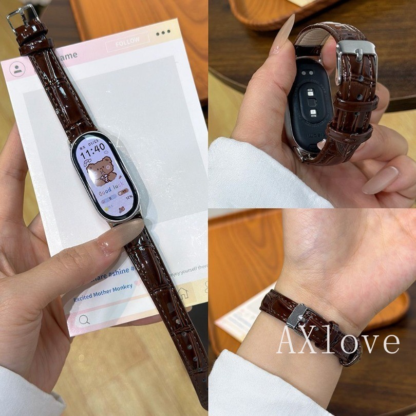 Bright Faced สายหนังไม้ไผ่สําหรับ Xiaomi Mi Band 10 9 8 7 6 5 4 3 NFC สร้อยข้อมือสําหรับ Redmi Watch 6 5 4 สายรัดข้อมือ