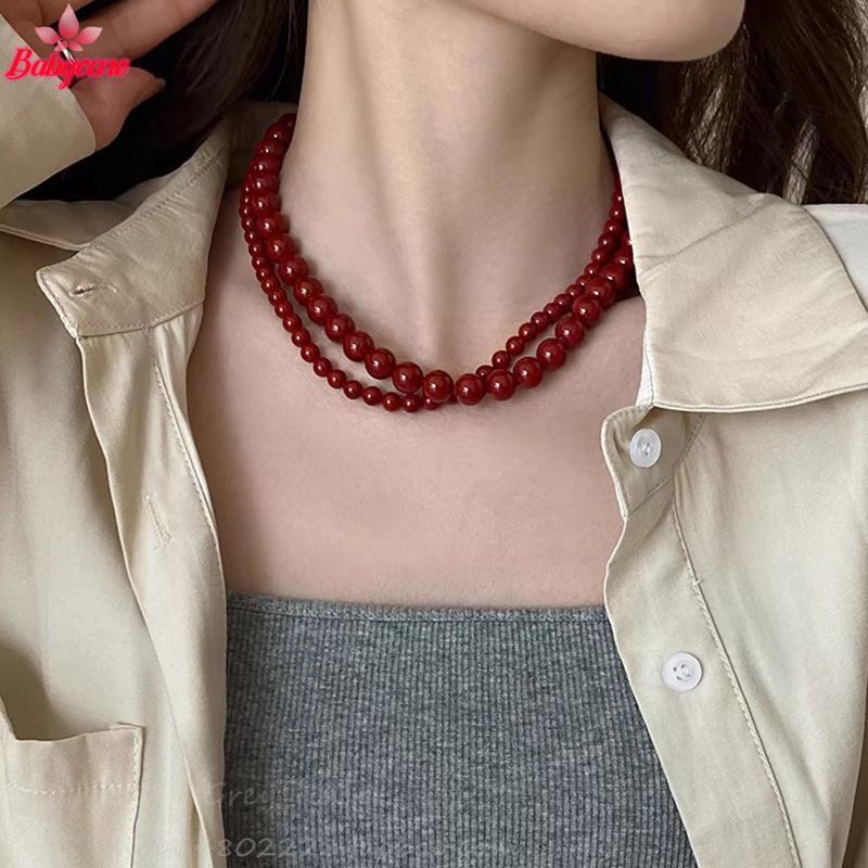 Vintage Red Beaded Necklace ประณีต ลูกปัดแก้ว สไตล์จีน Choker เครื่องประดับหรูหรา