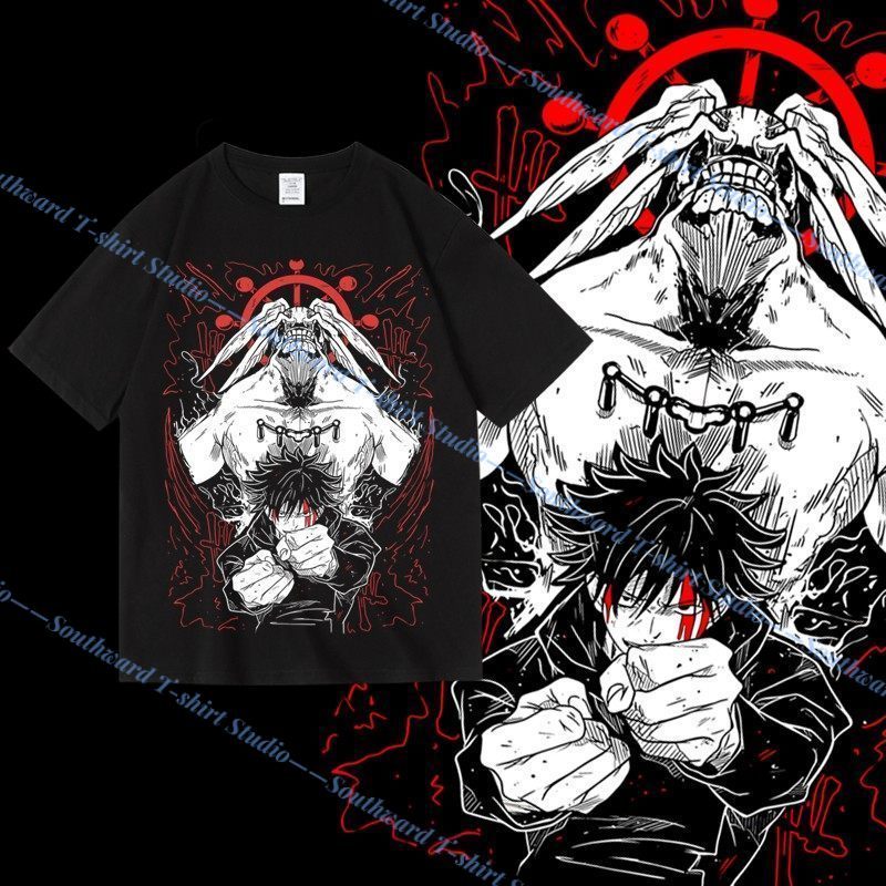 Jujutsu Kaisen อะนิเมะ Tshirt ผ้าฝ้าย 100% Fushiguro Mahoraga Unisex สไตล์ญี่ปุ่น Cool Stylish Street แขนสั้น Tee