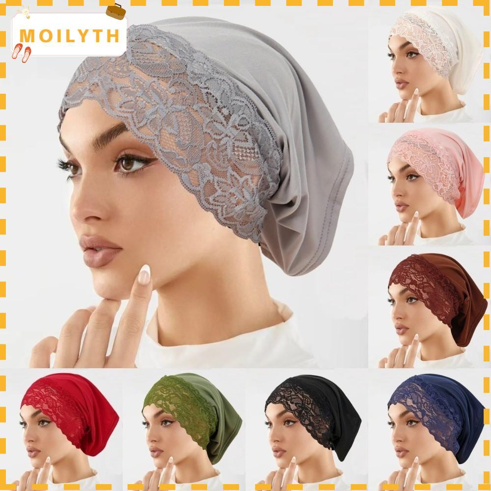MOILYTH หมวกฮิญาบ,ขอบลูกไม้ Elegant Headscarf หมวก, ใส่สบายยืดหยุ่น Breathable สีทึบ Undercap ผู้หญิง Headwear